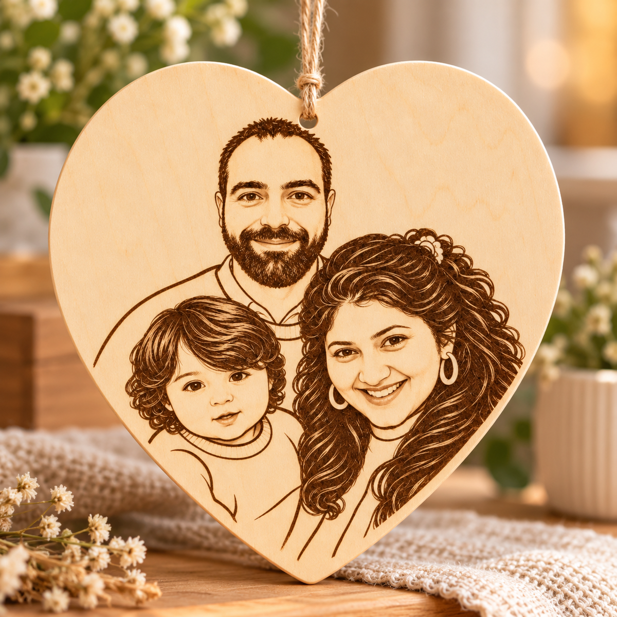 Personalised Photo Sketch Wooden Heart Hanging