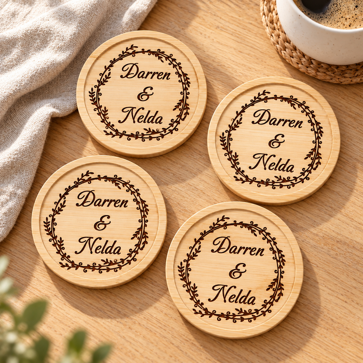 Personalised Wooden Name Coasters – Set of 4