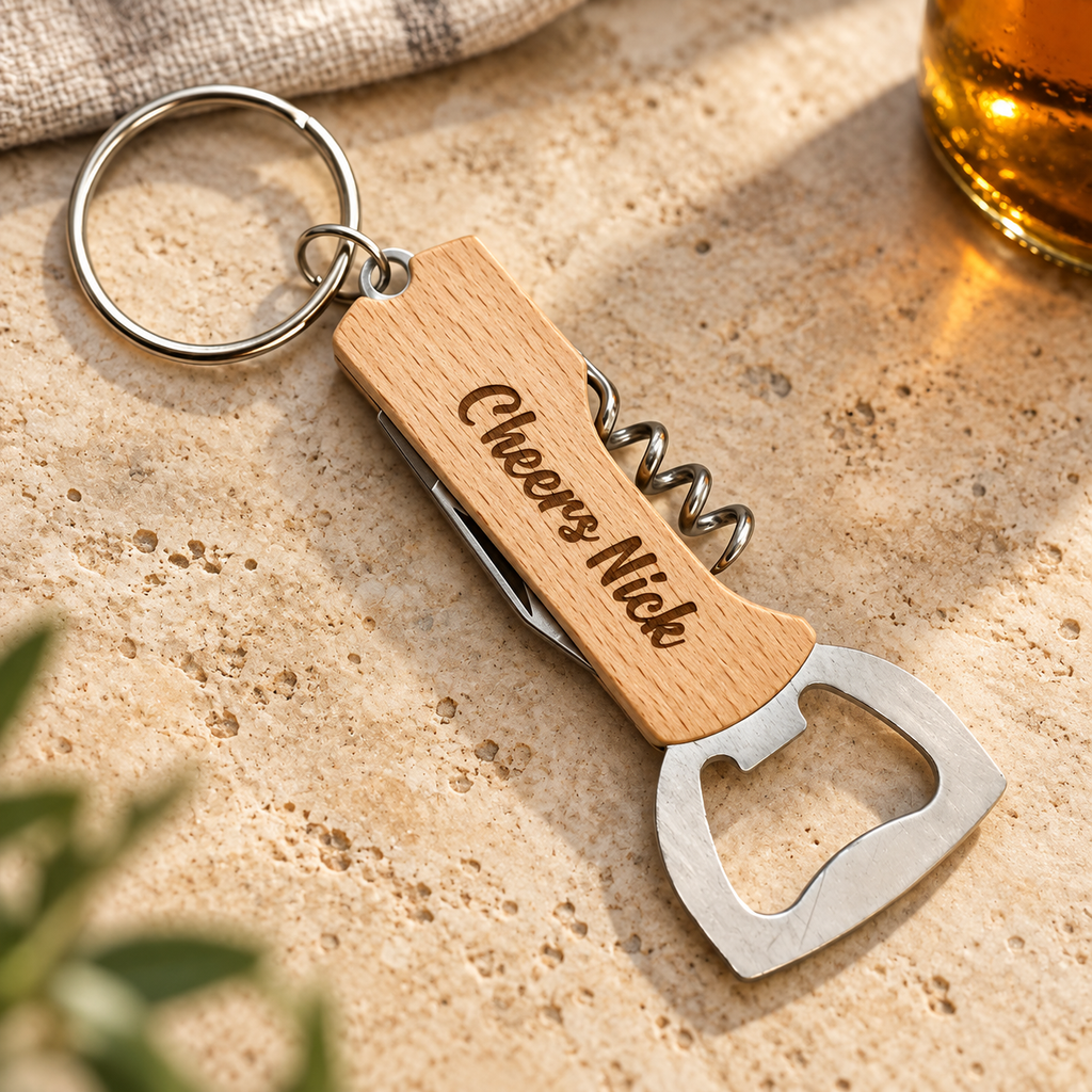 Personalised Bottle Opener Keyring – Engraved Message